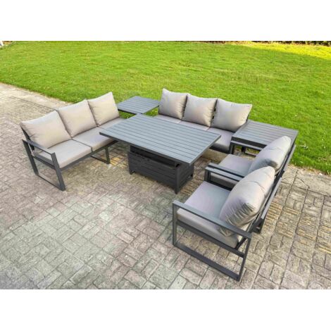 Fimous Garden Aluminium Furniture Set Dark Grey 8 Seater Outdoor Patio Adjustable Rising Lifting Dining Table with 2 Chairs 2 Side Tables Dark Grey