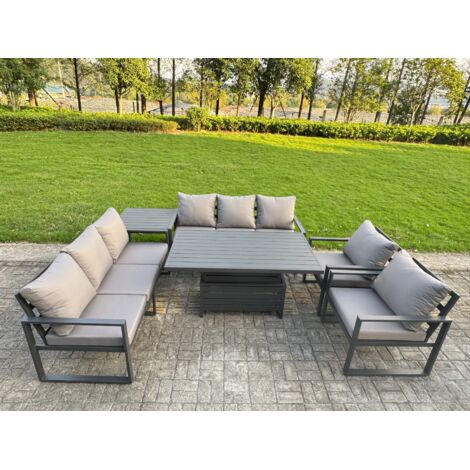 Fimous Garden Aluminium Furniture Set Dark Grey 8 Seater Outdoor Patio Adjustable Rising Lifting Dining Table with 2 Chairs Side Table Dark Grey