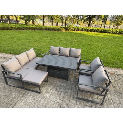 Fimous Garden Aluminium Furniture Set Dark Grey 9 Seater Outdoor Patio Adjustable Rising Lifting Dining Table with 2 Chairs Big Footstool Dark Grey