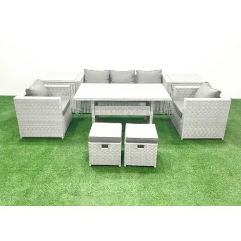 Fimous Garden Dining Set Outdoor Rattan Furniture Set with Sofa Dining Table 2 Chairs 2 Small Footstools 2 Side Tables Light Grey Mixed
