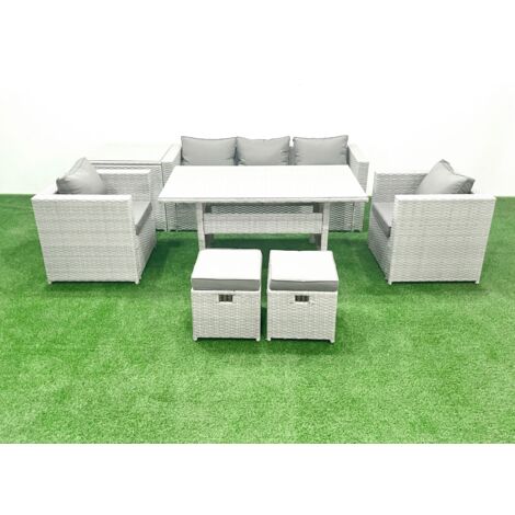 Fimous Garden Dining Set Outdoor Rattan Furniture Set with Sofa Dining Table 2 Chairs 2 Small Footstools Side Table Light Grey Mixed