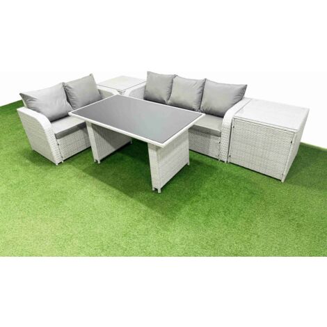 Fimous Garden Furniture Set PE Ratten Garden Sofa Set with Rectangular Dining Table 2 Side Tables Light Grey