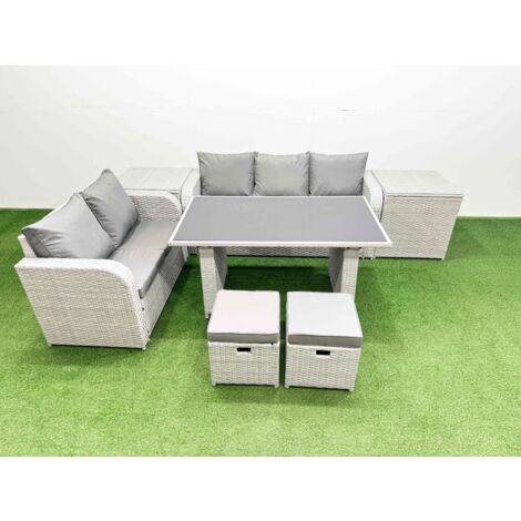 Fimous Garden Furniture Set PE Ratten Garden Sofa Set with Rectangular Dining Table 2 Small Stools 2 Side Tables Light Grey