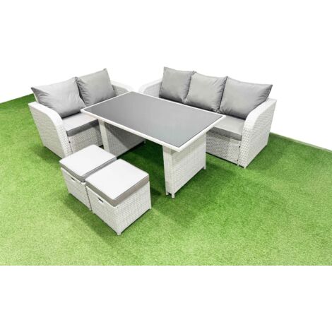 Fimous Garden Furniture Set PE Ratten Garden Sofa Set with Rectangular Dining Table 2 Small Stools Light Grey