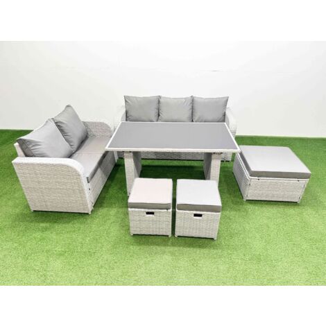 Fimous Garden Furniture Set PE Ratten Garden Sofa Set with Rectangular Dining Table 3 Stool Light Grey