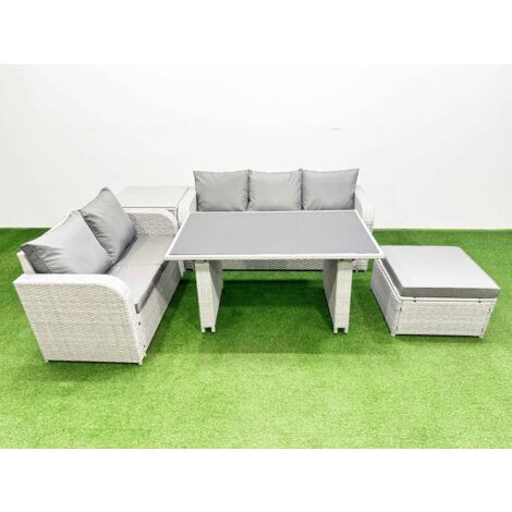 Fimous Garden Furniture Set PE Ratten Garden Sofa Set with Rectangular Dining Table Big Stool Side Table Light Grey