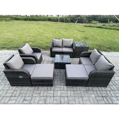 Fimous Garden Furniture Set Rattan Outdoor Lounge Sofa Chair With Tempered Glass Table 2 Big Footstool Side Table Dark Grey Mixed