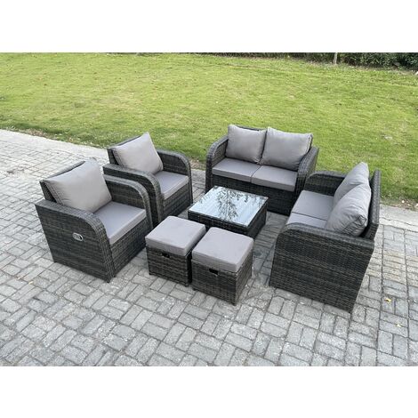 Fimous Garden Furniture Set Rattan Outdoor Lounge Sofa Chair With Tempered Glass Table 2 Small Footstools Dark Grey Mixed