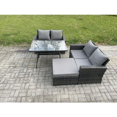 Fimous Garden Furniture Sets 4 Pieces Wicker Rattan Furniture Manual Wicker Patio Sofa Patio Conversation Set with Big Footstool Dark Grey Mixed