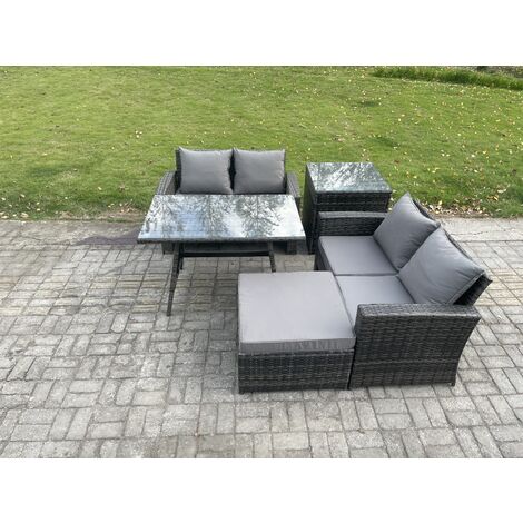 Fimous Garden Furniture Sets 5 Pieces Wicker Rattan Furniture Manual Wicker Patio Sofa Patio Conversation Set with Side Table Big Footstool Dark Grey Mixed