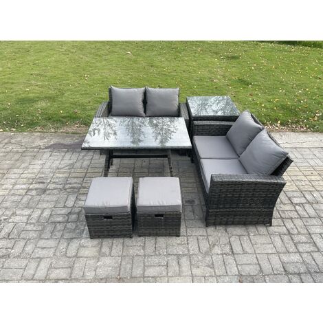 Fimous Garden Furniture Sets 6 Pieces Wicker Rattan Furniture Manual Wicker Patio Sofa Patio Conversation Set with Side Table 2 Small Footstools Dark Grey Mixed
