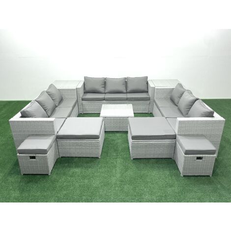 Fimous Garden Outdoor Furniture Set 14 Seater Rattan Sofa Set with 2 Side Tables 4 Footstools Light Grey Mixed