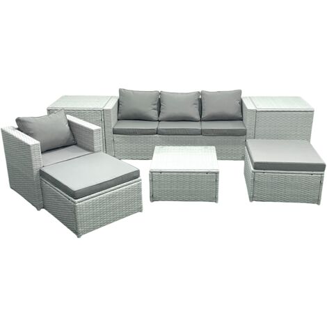 Fimous Garden Outdoor Furniture Set 6 Seater Rattan Sofa Set with 2 Big Footstools Armchair 2 Side Tables Light Grey Mixed