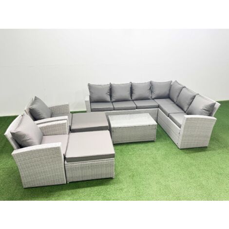 Fimous Garden Outdoor PE Rattan Furniture Set 10 Seater Rattan Garden Sofa Set with 2 Big Footstools Light Grey Mixed