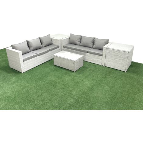 Fimous Garden Outdoor PE Rattan Furniture Set 6 Seater Rattan Garden Sofa Set with 2 Side Tables Light Grey Mixed