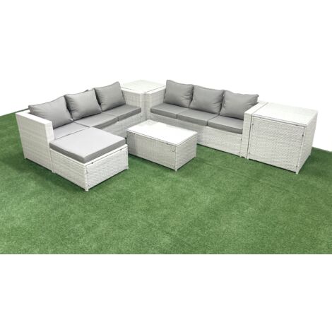 Fimous Garden Outdoor PE Rattan Furniture Set 7 Seater Rattan Garden Sofa Set with Big Footstool 2 Side Tables Light Grey Mixed
