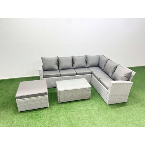 Fimous Garden Outdoor PE Rattan Furniture Set 7 Seater Rattan Garden Sofa Set with Oblong Coffee Table Light Grey Mixed