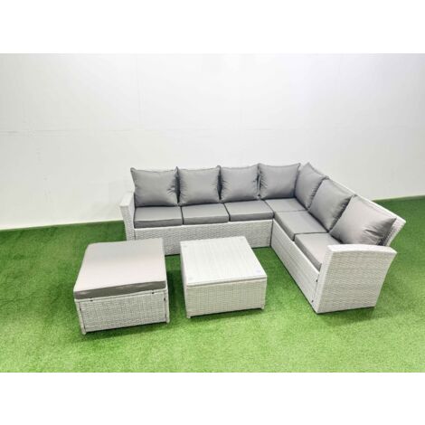 Fimous Garden Outdoor PE Rattan Furniture Set 7 Seater Rattan Garden Sofa Set with Square Coffee Table Light Grey Mixed