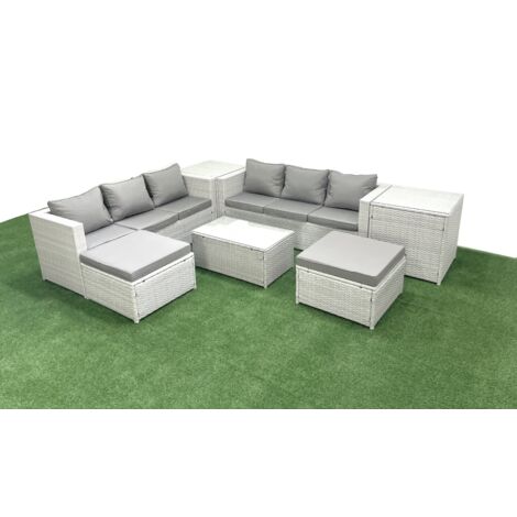 Fimous Garden Outdoor PE Rattan Furniture Set 8 Seater Rattan Garden Sofa Set with 2 Big Footstools 2 Side Tables Light Grey Mixed