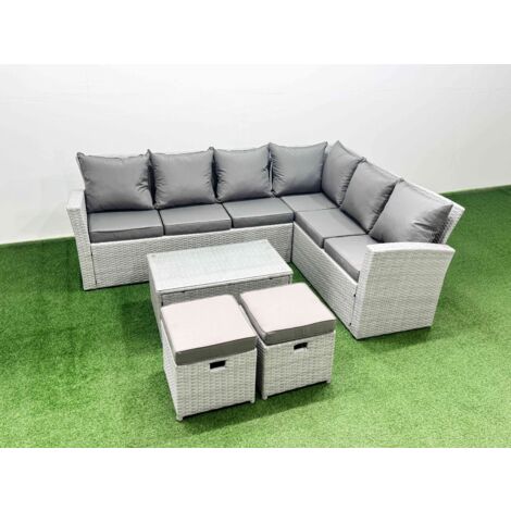 Fimous Garden Outdoor PE Rattan Furniture Set 8 Seater Rattan Garden Sofa Set with Oblong Coffee Table Light Grey Mixed