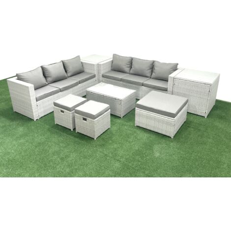 Fimous Garden Outdoor PE Rattan Furniture Set 9 Seater Rattan Garden Sofa Set with 3 Footstools 2 Side Tables Light Grey Mixed
