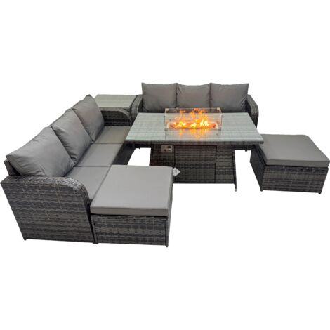 Fimous Garden Outdoor Rattan Furniture Set Rattan 3 Seater Sofa with 2 Big Stools Side Table Dark Grey Mixed