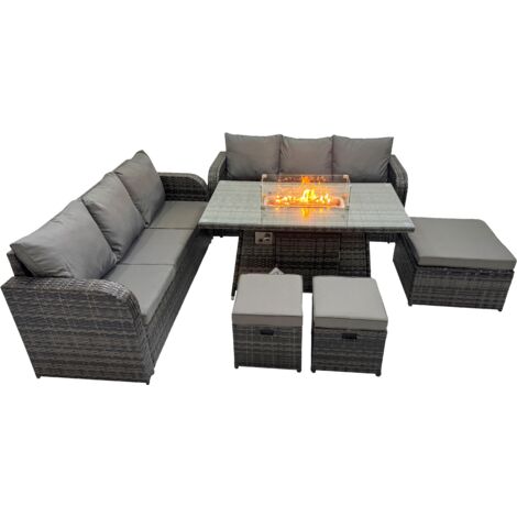 Fimous Garden Outdoor Rattan Furniture Set Rattan 3 Seater Sofa with 3 Stools Dark Grey Mixed