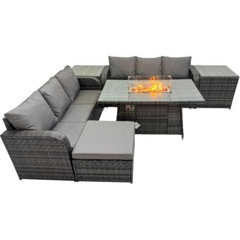 Fimous Garden Outdoor Rattan Furniture Set Rattan 3 Seater Sofa with Big Stool 2 Side Tables Dark Grey Mixed