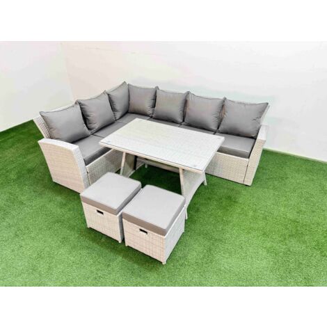 Fimous Garden Outdoor Rattan Furniture Set Rattan Corner Sofa Oblong Dining Table Set with 2 Small Footstools Light Grey Mixed 8 Seater
