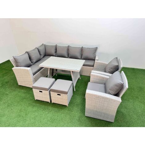 Fimous Garden Outdoor Rattan Furniture Set Rattan Corner Sofa Oblong Dining Table with 2 Armchairs 2 Small Footstools Light Grey Mixed 10 Seater