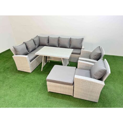 Fimous Garden Outdoor Rattan Furniture Set Rattan Corner Sofa Oblong Dining Table with 2 Armchairs Big Footstool Light Grey Mixed 9 Seater