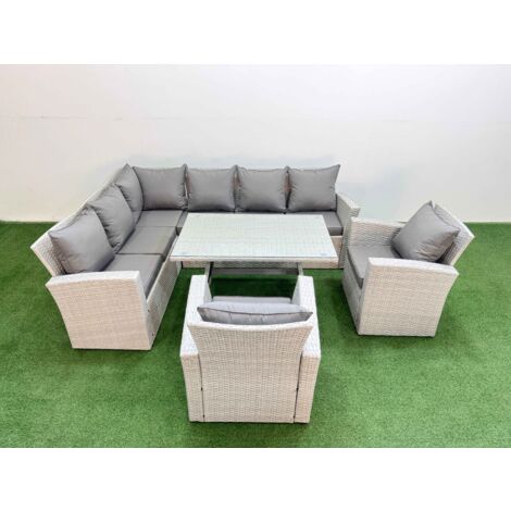 Fimous Garden Outdoor Rattan Furniture Set Rattan Corner Sofa Oblong Dining Table with 2 Armchairs Light Grey Mixed 8 Seater