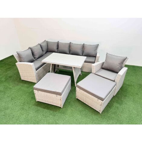Fimous Garden Outdoor Rattan Furniture Set Rattan Corner Sofa Oblong Dining Table with Armchair 2 Big Footstools Light Grey Mixed 9 Seater