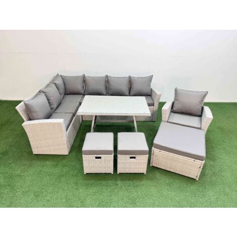 Fimous Garden Outdoor Rattan Furniture Set Rattan Corner Sofa Oblong Dining Table with Armchair 3 Footstools Light Grey Mixed 10 Seater
