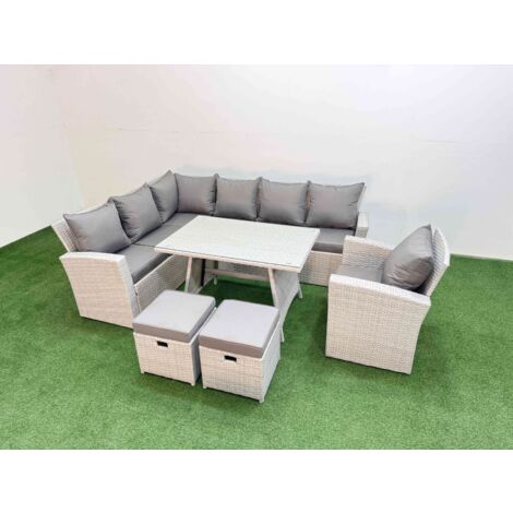 Fimous Garden Outdoor Rattan Furniture Set Rattan Corner Sofa Oblong Dining Table with Armchair Light Grey Mixed 9 Seater