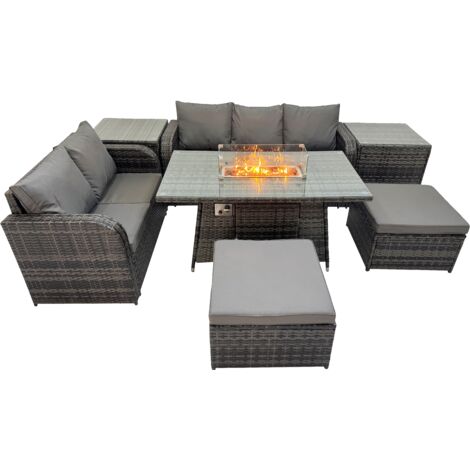 Fimous Garden Outdoor Rattan Furniture Set Rattan Love Sofa 3 Seater Sofa with 2 Big Footstools 2 Side Tables Dark Grey Mixed