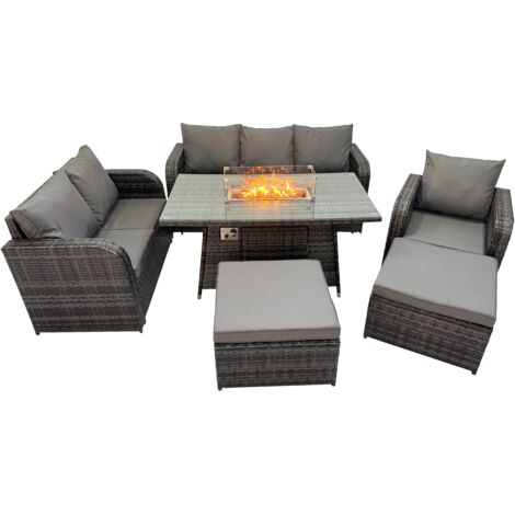 Fimous Garden Outdoor Rattan Furniture Set Rattan Love Sofa 3 Seater Sofa with 2 Big Footstools Dark Grey Mixed
