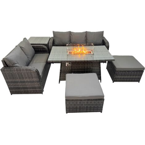 Fimous Garden Outdoor Rattan Furniture Set Rattan Love Sofa 3 Seater Sofa with 2 Big Footstools Side Table Dark Grey Mixed