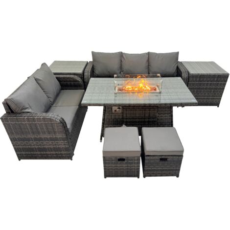 Fimous Garden Outdoor Rattan Furniture Set Rattan Love Sofa 3 Seater Sofa with 2 Side Tables 2 Small Footstools Dark Grey Mixed