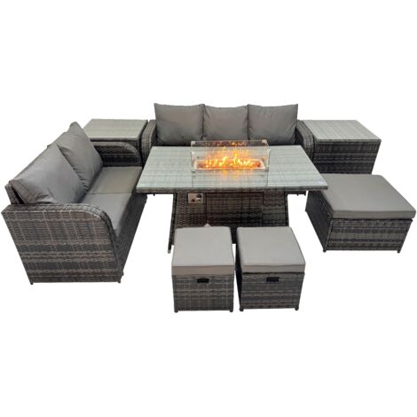 Fimous Garden Outdoor Rattan Furniture Set Rattan Love Sofa 3 Seater Sofa with 2 Side Tables 3 Footstools Dark Grey Mixed