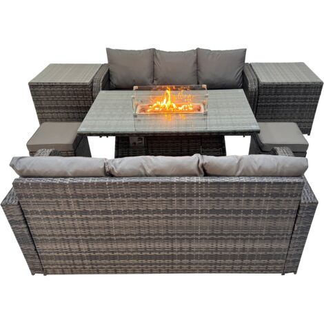 Fimous Garden Outdoor Rattan Furniture Set Rattan Love Sofa 3 Seater Sofa with 2 Small Stools 2 Side Tables Dark Grey Mixed