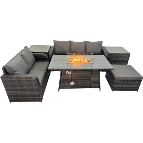 Fimous Garden Outdoor Rattan Furniture Set Rattan Love Sofa 3 Seater Sofa with Big Footstool 2 Side Tables Dark Grey Mixed