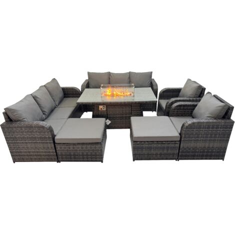 Fimous Garden Outdoor Rattan Furniture Set Rattan Reclining Chair 3 Seater Sofa with 2 Big Stools Dark Grey Mixed