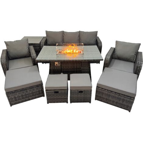 Fimous Garden Outdoor Rattan Furniture Set Rattan Reclining Chair 3 Seater Sofa with 4 Stools Side Table Dark Grey Mixed
