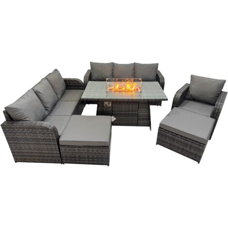 Fimous Garden Outdoor Rattan Furniture Set Rattan Reclining Chair 3 Seater Sofa with Big Stool Dark Grey Mixed