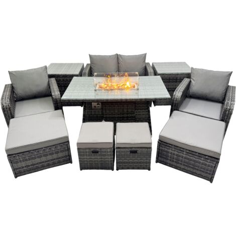 Fimous Garden Outdoor Rattan Furniture Set Rattan Reclining Chair Love Sofa with 4 Stool Side Table Dark Grey Mixed