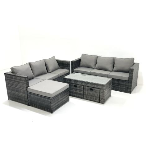 Fimous Garden Outdoor Rattan Furniture Set with Sofa Coffee table 3 Footstools Dark Grey Mixed
