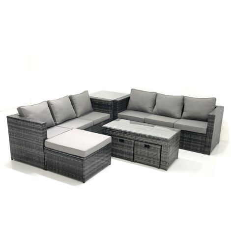 Fimous Garden Outdoor Rattan Furniture Set with Sofa Coffee table 3 Footstools Side Table Dark Grey Mixed