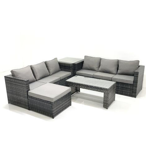 Fimous Garden Outdoor Rattan Furniture Set with Sofa Coffee table Big Footstool Side Table Dark Grey Mixed