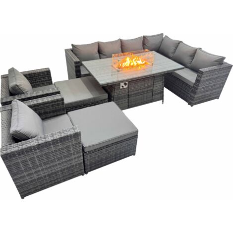 Fimous Garden Rattan Furniture Set 10 Seater Outdoor Corner Sofa 2 Chair Gas Firepit Dining Table Set with 2 Big Stools Dark Grey